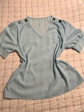 Light Blue V-Neck Puff Sleeve Top
